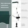 A collage of images showing details of a green awning, including its frame, crank, and feet. Produktbild-Vorschau