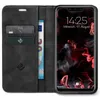 A black flip-case wallet for a smartphone, open to reveal the phone screen and card slots. Produktbild-Vorschau