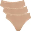 Three beige cotton lace briefs are stacked on a white background. Produktbild-Vorschau
