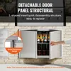 A close-up view of a stainless steel outdoor kitchen cabinet with its doors open, revealing jars and boxes inside. A hand is reaching towards one of the doors. Text overlays highlight features. Anteprima dell’immagine prodotto