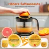 A hand is shown pressing an orange onto a juicer, with a comparison graphic below showing the juicer's efficiency. Produktbild-Vorschau