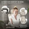 A woman is sitting in an ergonomic office chair, smiling and looking at a laptop. The image highlights the chair's features with callouts. Produktbild-Vorschau