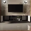 A modern TV cabinet mounted on a wall with a mountain-themed wallpaper and two wall lights. Produktbild-Vorschau