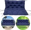 A collage showing a dark blue bench cushion and two lifestyle shots of the cushion on a swing in different outdoor settings. Produktbild-Vorschau