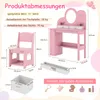 A diagram showing the dimensions of a pink children's vanity set, including the table, chair, and storage box, along with a list of product specifications and accessories. Náhled obrázku produktu
