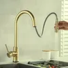 A gold kitchen faucet with a pull-down sprayer is shown in use over a sink. Náhled obrázku produktu