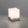 A modern cube-shaped table lamp with a frosted white shade and a metallic gray base, set against a plain gray background. Anteprima dell’immagine prodotto