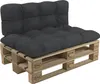 A dark gray cushion set on a wooden pallet. Voir les images du produit