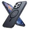 Two iPhone cases are shown diagonally, with one slightly overlapping the other. The cases are dark gray and have a circular magnetic ring on the back. Produktbild-Vorschau