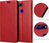 A red flip case for a smartphone, with close-up insets showing stitching and camera detail. Náhled obrázku produktu