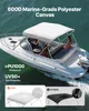 A boat with a white canopy is sailing on the water. The image also includes close-ups of two canopies, one labeled 'OUR' and the other 'OTHERS'. Produktbild-Vorschau