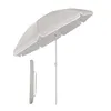 A light gray beach umbrella with a white trim is shown open, with its pole extended. A matching gray carrying case is positioned to the left of the pole. The background is plain white. Produktbild-Vorschau