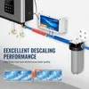 A water treatment system installed on a wall, showing the main unit, pipes, and a filter, with marketing text and diagrams. Produktbild-Vorschau