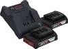 A Bosch battery charger and two batteries are shown on a white background. Náhled obrázku produktu