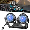 A double car fan with blue glowing lights is shown in two configurations: one mounted on a car dashboard, and another on a black base with a USB cord. Produktbild-Vorschau