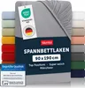 A grey fitted sheet is shown with various color swatches to the left and right, and product information labels. Anteprima dell’immagine prodotto