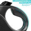 Close-up of the ergonomic handle of a black dog leash, with blue accent lines. Produktbild-Vorschau