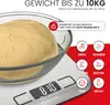 A digital kitchen scale with dough in a glass bowl, along with icons and text describing its features. Produktbild-Vorschau