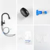 A collage of images showing a kitchen faucet and its components, along with packaging and accessories. Produktbild-Vorschau