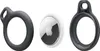 Three items are displayed on a white background: a grey silicone loop with a keyring attachment, an Apple AirTag, and a grey silicone holder with a keyring attachment. Produktbild-Vorschau