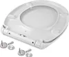 A white toilet seat with its mounting hardware is shown from a slightly elevated angle against a white background. Produktbild-Vorschau