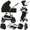 A collage of images showing a black and gold 3-in-1 stroller system with various attachments and configurations. Produktbild-Vorschau