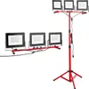 Two sets of LED floodlights are displayed against a white background. One set is on a red tripod stand, and the other is on a red bar stand. Podgląd zdjęcia produktu