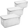 Three clear plastic storage boxes with lids are stacked diagonally against a white background. Produktbild-Vorschau