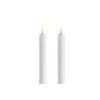 Two white candles with lit flames on a white background. Produktbild-Vorschau