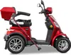 A red electric scooter with a storage box on the back and a cane leaning against it, isolated on a white background. Produktbild-Vorschau