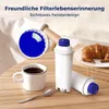 A close-up of water filter cartridges next to a cup of coffee and a croissant. Produktbild-Vorschau