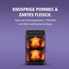 A marketing image for a Brabantia air fryer, showing the product with a graphic representation of flames inside its chambers, against a purple background. Produktbild-Vorschau