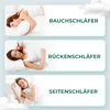 Three panels showing women sleeping in different positions, each labeled with a German term for a sleeping position. Produktbild-Vorschau