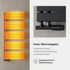 A bathroom radiator with orange glowing bars is shown on the left, and a close-up of the radiator's connection valve is shown on the upper right. Text describing features is below the close-up. Produktbild-Vorschau