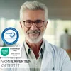 A man in a lab coat smiles at the camera, with certification logos and text overlays. Produktbild-Vorschau