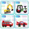 A collage of four images showing different vehicle-themed crafts made from beads, each with a label indicating its purpose (key rings, magnets, pendants, stands). Produktbild-Vorschau