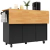 A kitchen island with a wooden countertop and black cabinets, shown from a slightly angled front view. Produktbild-Vorschau