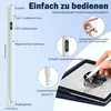 A diagram and lifestyle shot of a stylus pen for an iPad, highlighting its features and usage. Produktbild-Vorschau