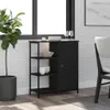 A black sideboard with shelves and a cabinet door, placed in a room with a window and a plant. Voir les images du produit