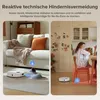 A split image showing a robot vacuum cleaner in a living room and a kitchen setting, with text describing its features. Produktbild-Vorschau