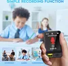 A hand holding a small digital audio player with a screen displaying a recording interface, set against a blurred background of children in a classroom setting. Three smaller inset images at the bottom show different use cases: an interview, a child learni Produktbild-Vorschau