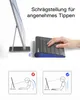 A tablet keyboard with a stand and a hand using it, next to an illustration showing correct and incorrect posture while using a computer. Produktbild-Vorschau