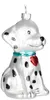 A glass Christmas ornament shaped like a Dalmatian puppy with black spots, a blue collar, and a red heart tag. Voir les images du produit