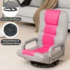 A floor chair with pink and gray upholstery is shown on a carpeted floor, with a sofa in the background. Inset images highlight the metal base and a removable cover. Produktbild-Vorschau