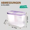 A transparent storage container with a purple lid, showing its dimensions and volume. Anteprima dell’immagine prodotto