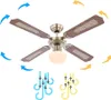 A ceiling fan with four wooden blades and a light fixture is shown against a white background, with arrows indicating airflow. Náhľad obrázku produktu