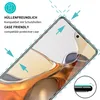 Close-up of a smartphone screen protector being applied to a phone, with arrows indicating its case-friendly nature. Produktbild-Vorschau