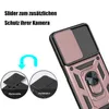A close-up of a rose gold phone case with a camera slider and a ring holder, with inset images showing the slider mechanism. Produktbild-Vorschau