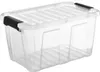 A clear studio shot of a transparent plastic storage box with black latches. Produktbild-Vorschau