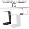 Two C-shaped tables, one black and one white, are shown against a white background. Text above the tables indicates different sizes are available. Produktbild-Vorschau